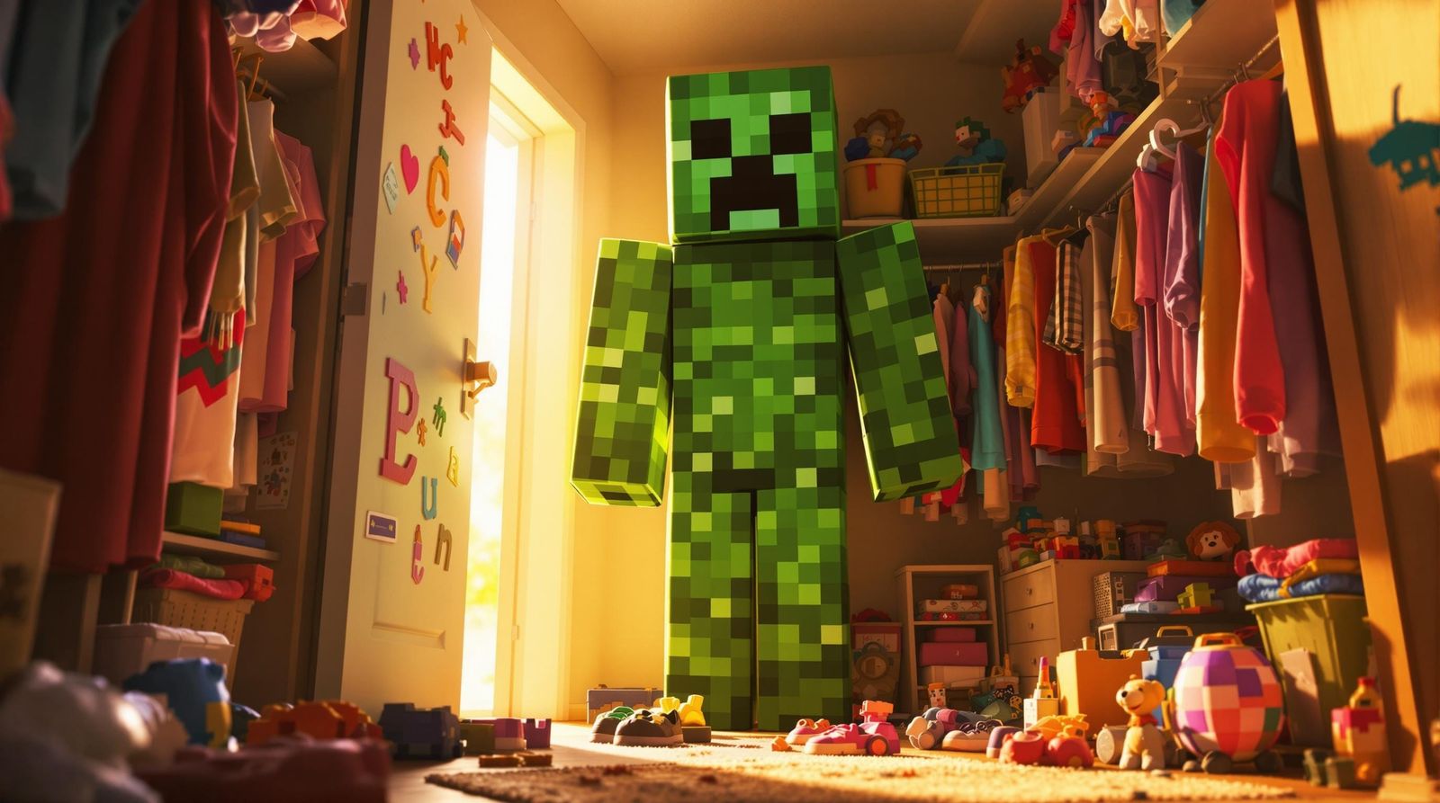 Minecraft Creeper Emerges from a Whimsical Closet