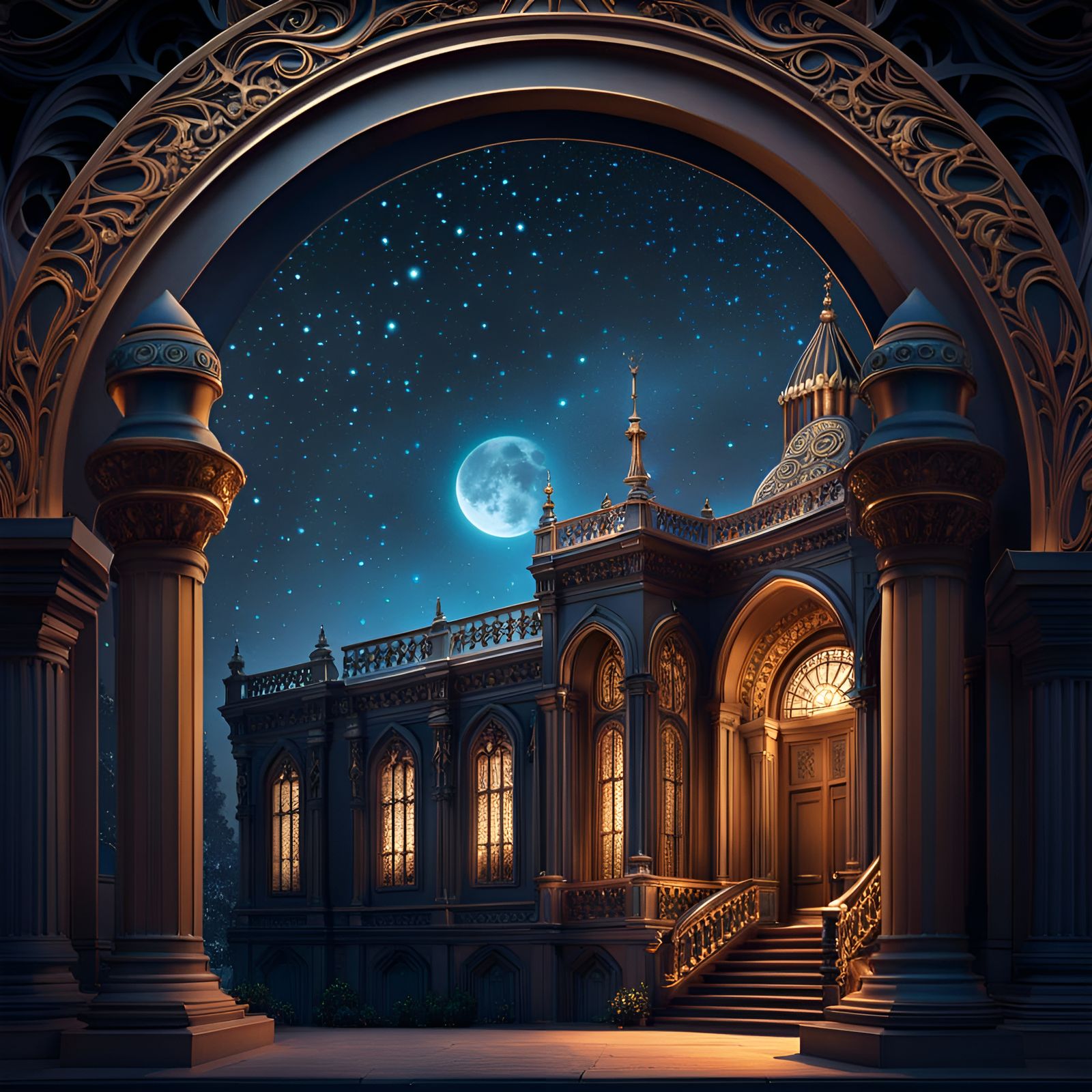 Celestial Witch Home Under Crescent Moon, in Art Deco Style