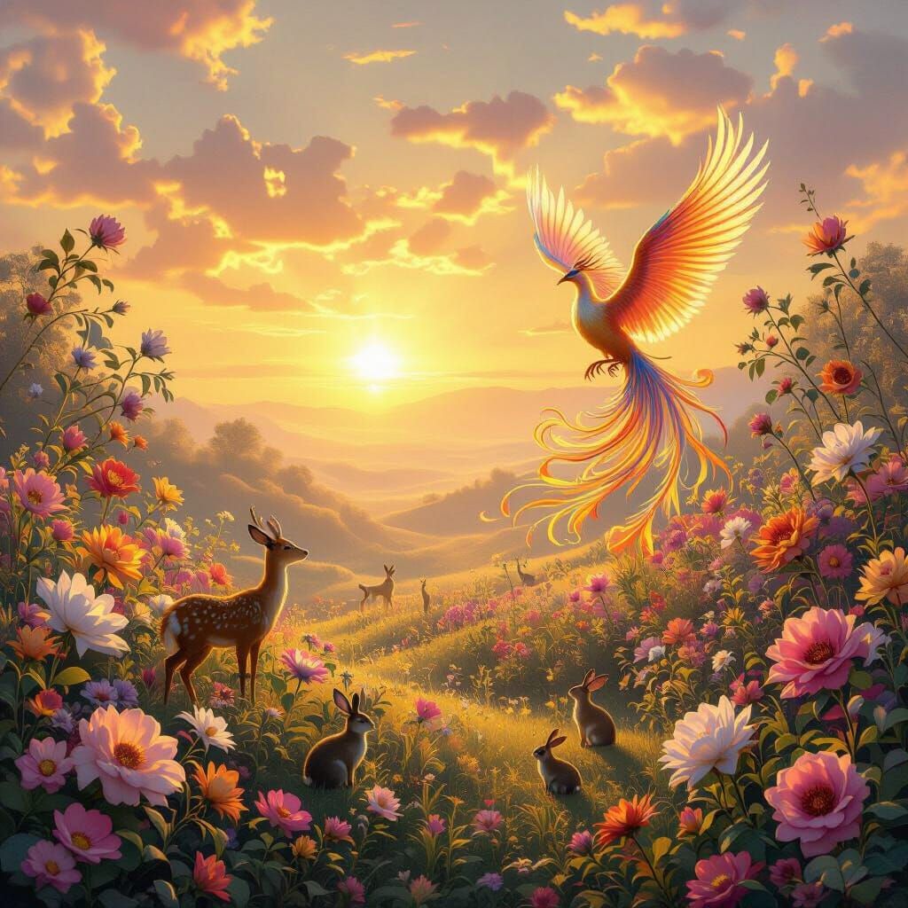 Magical Sunrise Garden with Phoenix and Wildlife