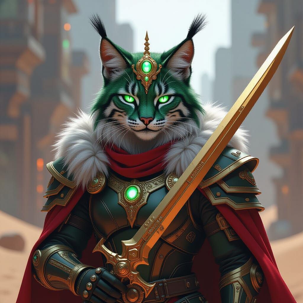 Regal Cybernetic Lynx Wields Golden Sword in Futuristic City