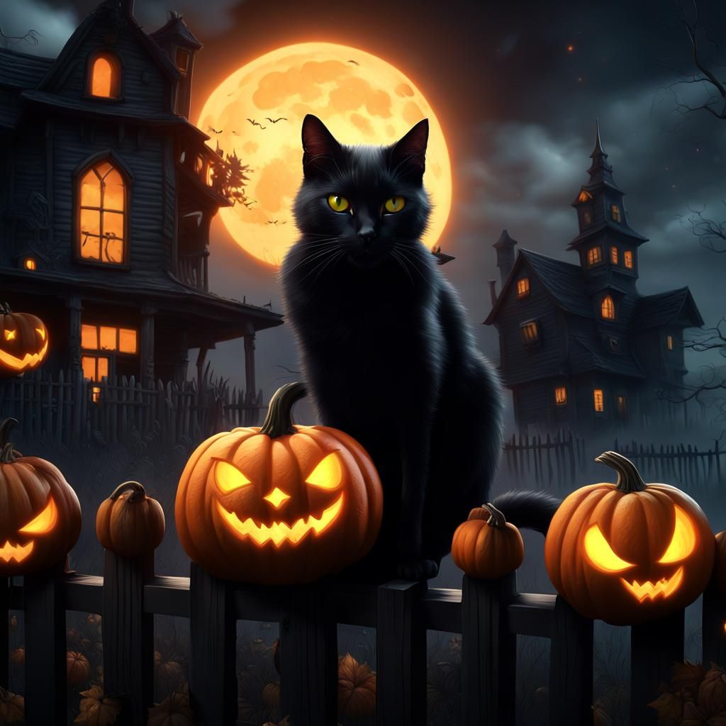 Black Cat with Pumpkin in Spooky Halloween Scene