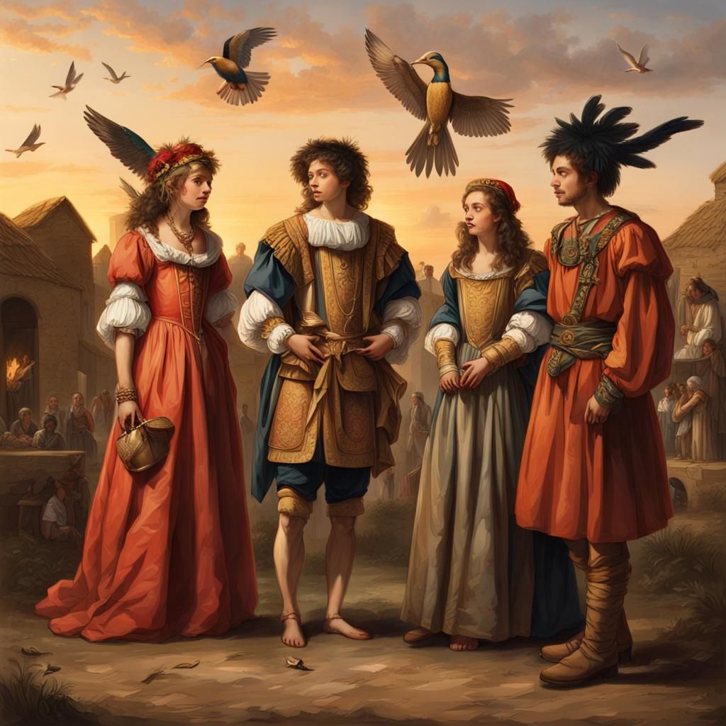 Historical Figures Gather on Village Square at Sunset