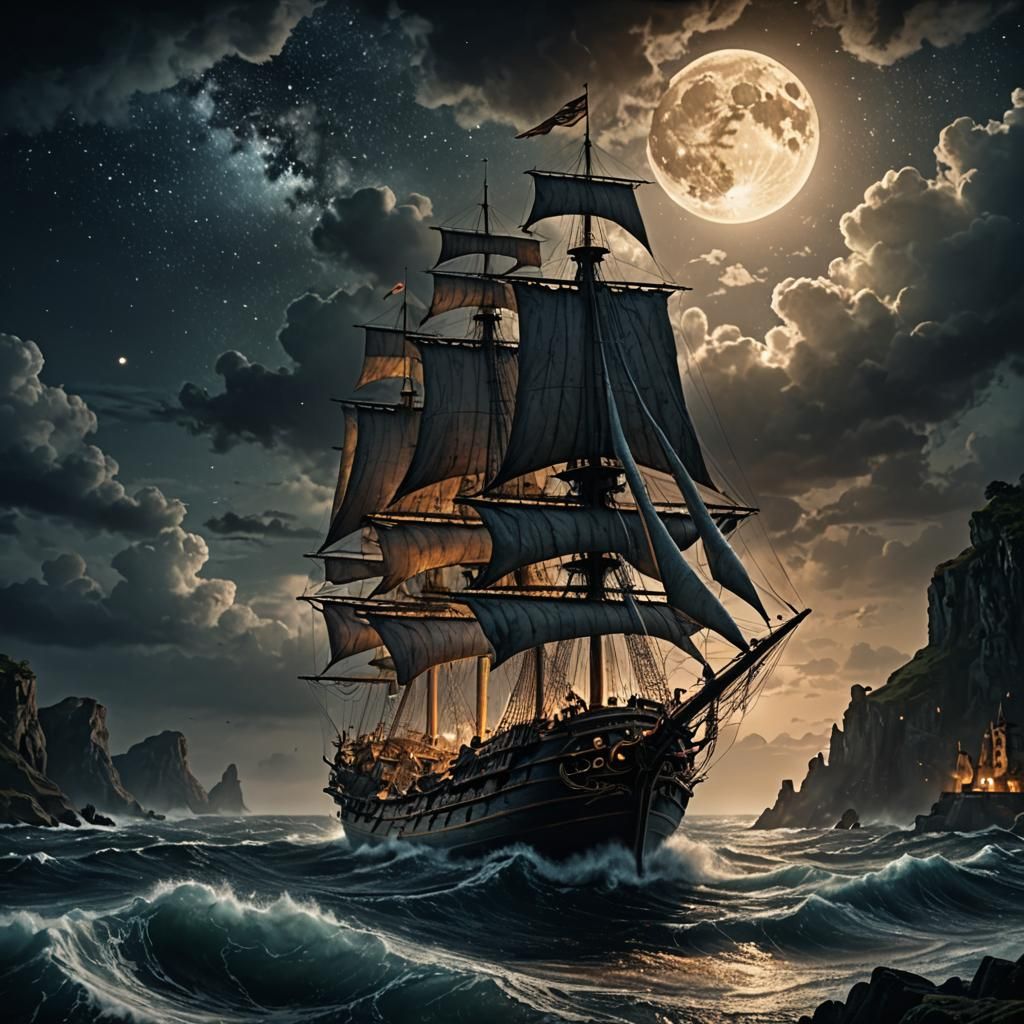 Fantasy Sailing Ship Amidst Stormy Seas