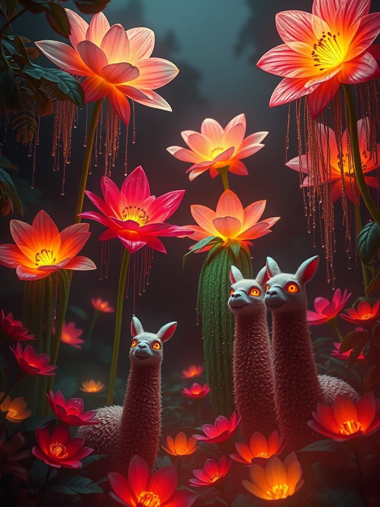 Bioluminescent Flowers and Llama Topiaries in Hyperrealism