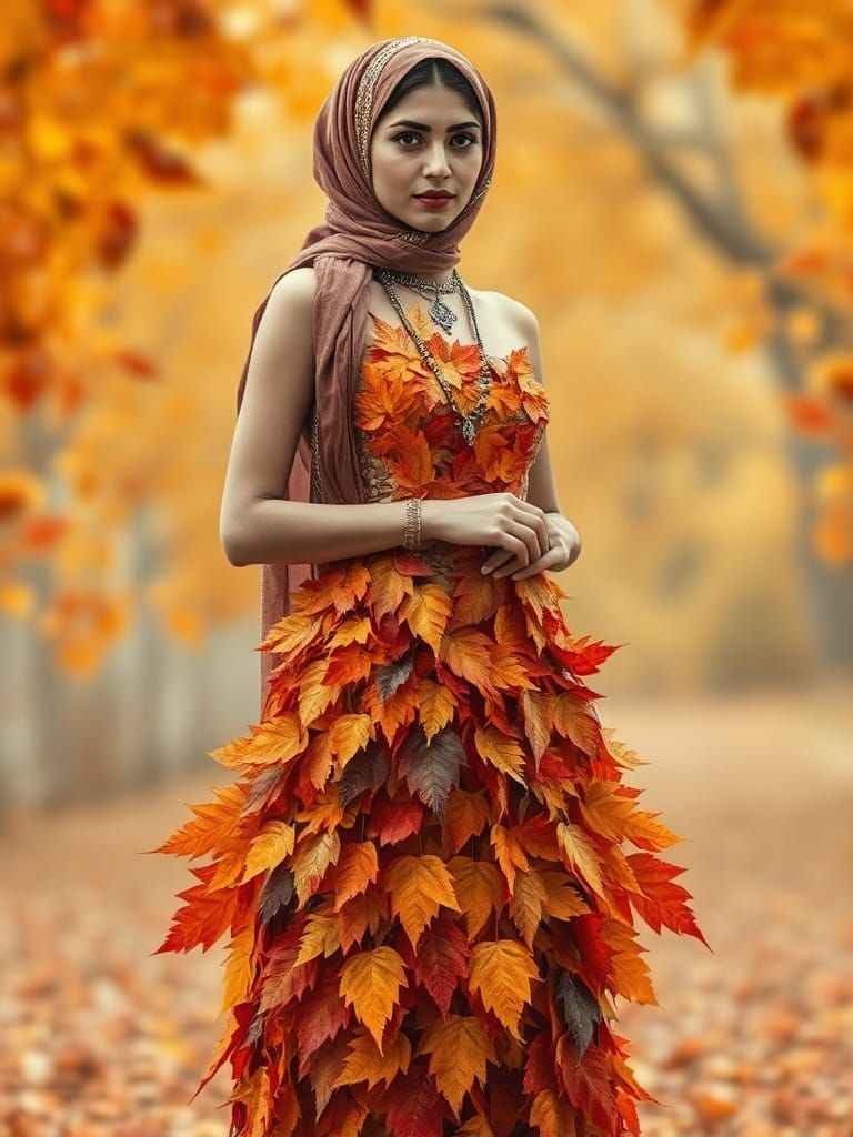 Palestinian Woman in Autumn Leaf Dress: Paper Collage