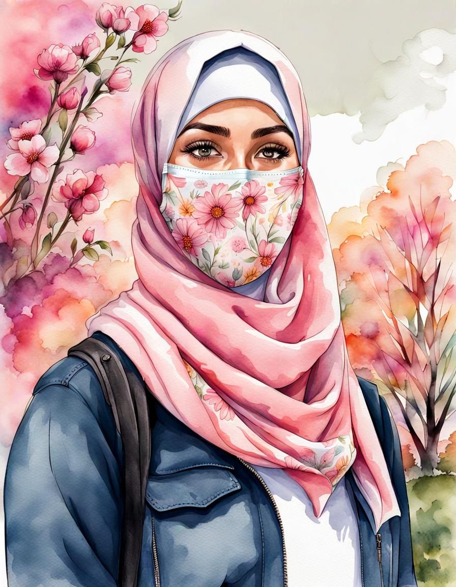 Latvian Woman in Hijab with Flowered Mask, Watercolor
