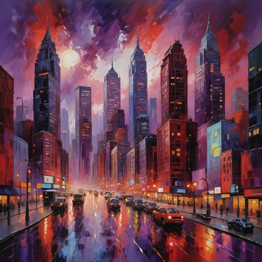 Vibrant Neo-Impressionist Cityscape with Swirling Clouds