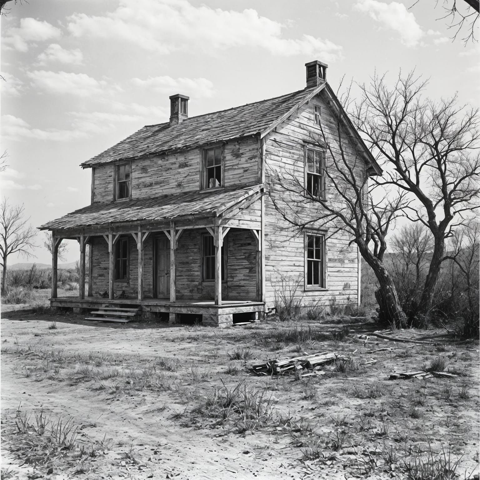 Dust Bowl Farmhouse: Vintage Black and White Photograph