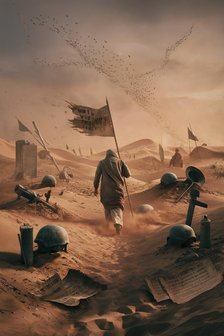 Lone Flag Bearer in Sandstorm: Symbol of Endurance