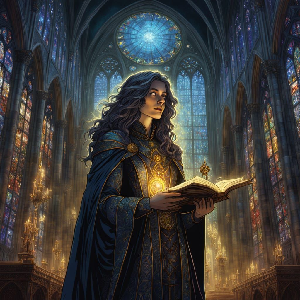 Mysterious Sorceress in Gothic Cathedral, Dark Fantasy Art