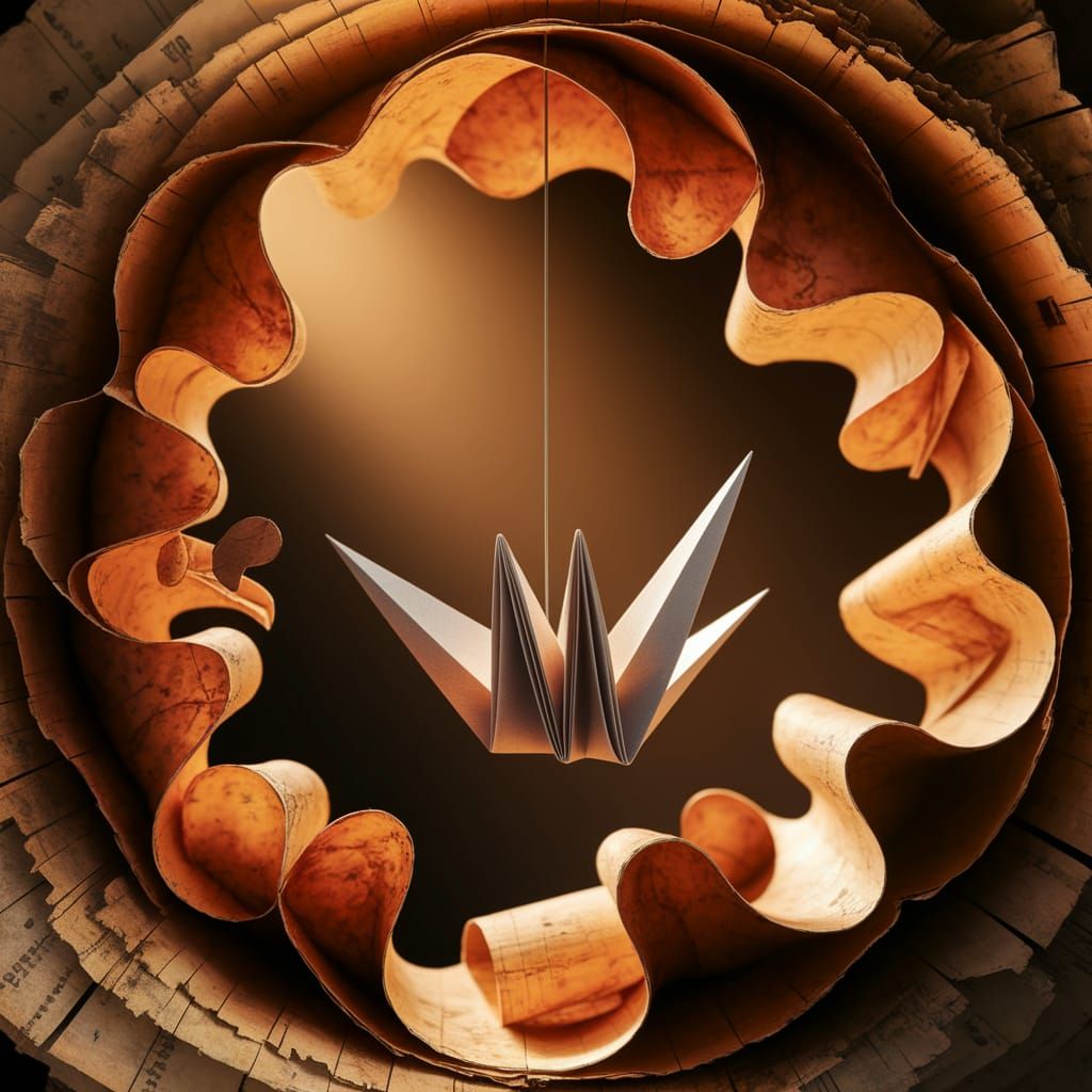 Elegant 3D Paper Collage with Crane in Warm Light