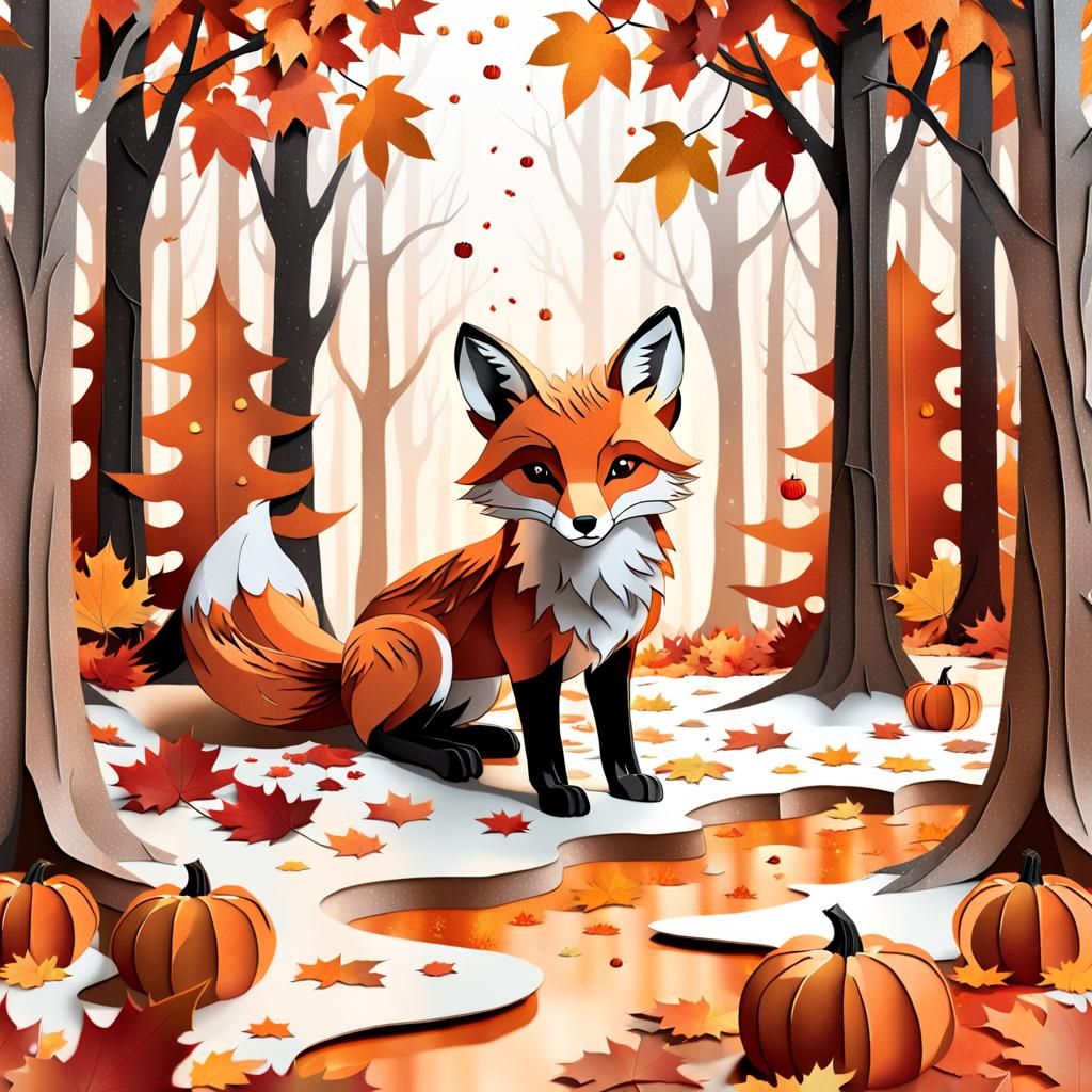 Fox in Autumnal Collage Paper Art