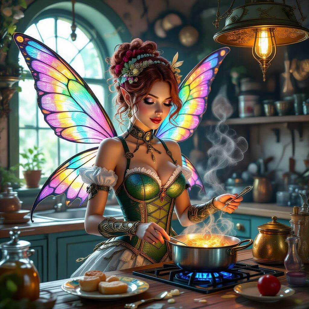 Steampunk Fairy Tradwife in Magical Kitchen