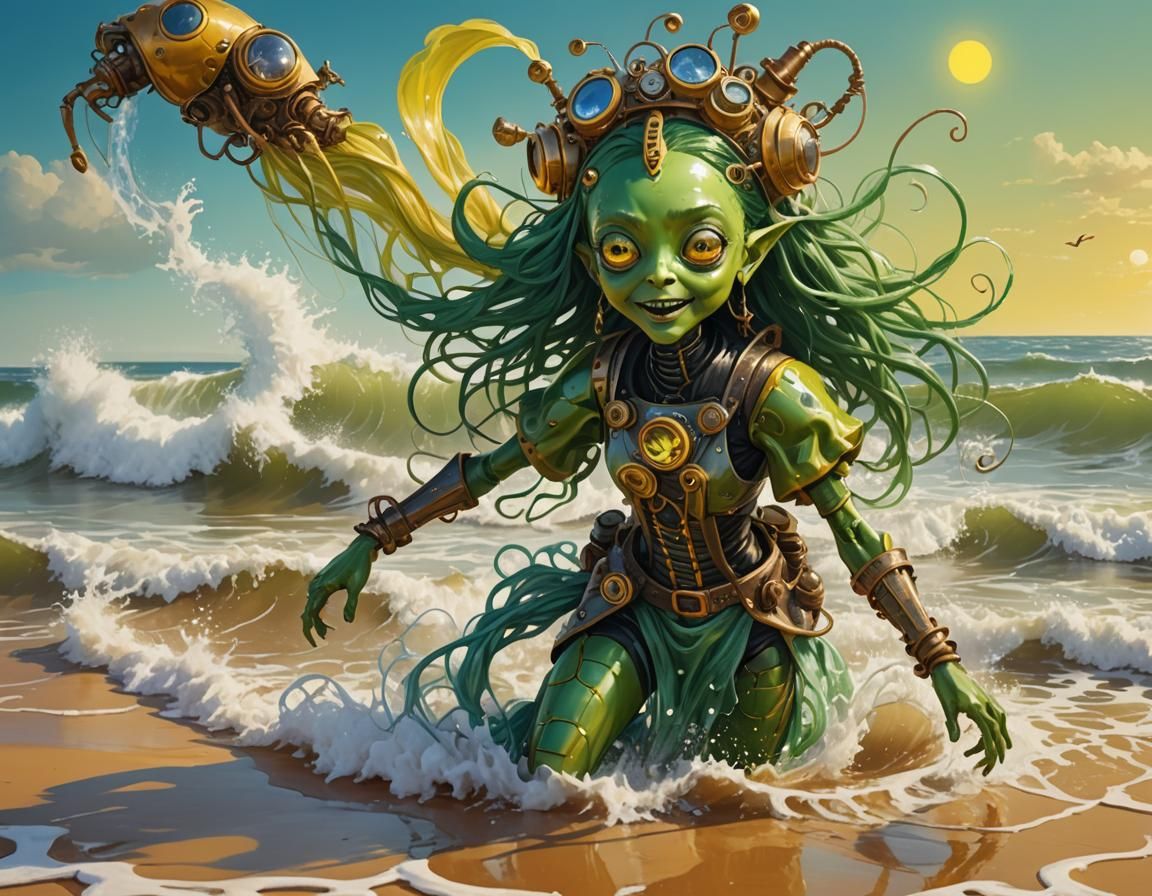 Joyful Alien Girl on Red Beach in Bold Colors