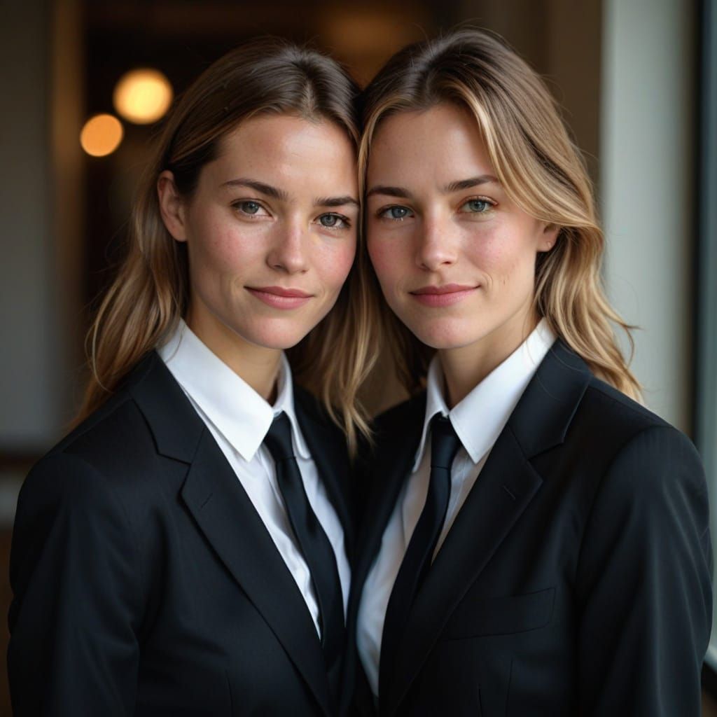 Two Women in Formal British Business Suits Share a Tender Mo...