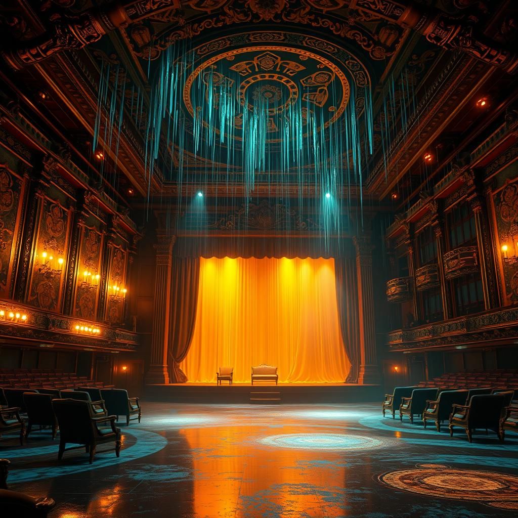 Opulent Theatre Raining in Hyper-Realistic Art Nouveau Style