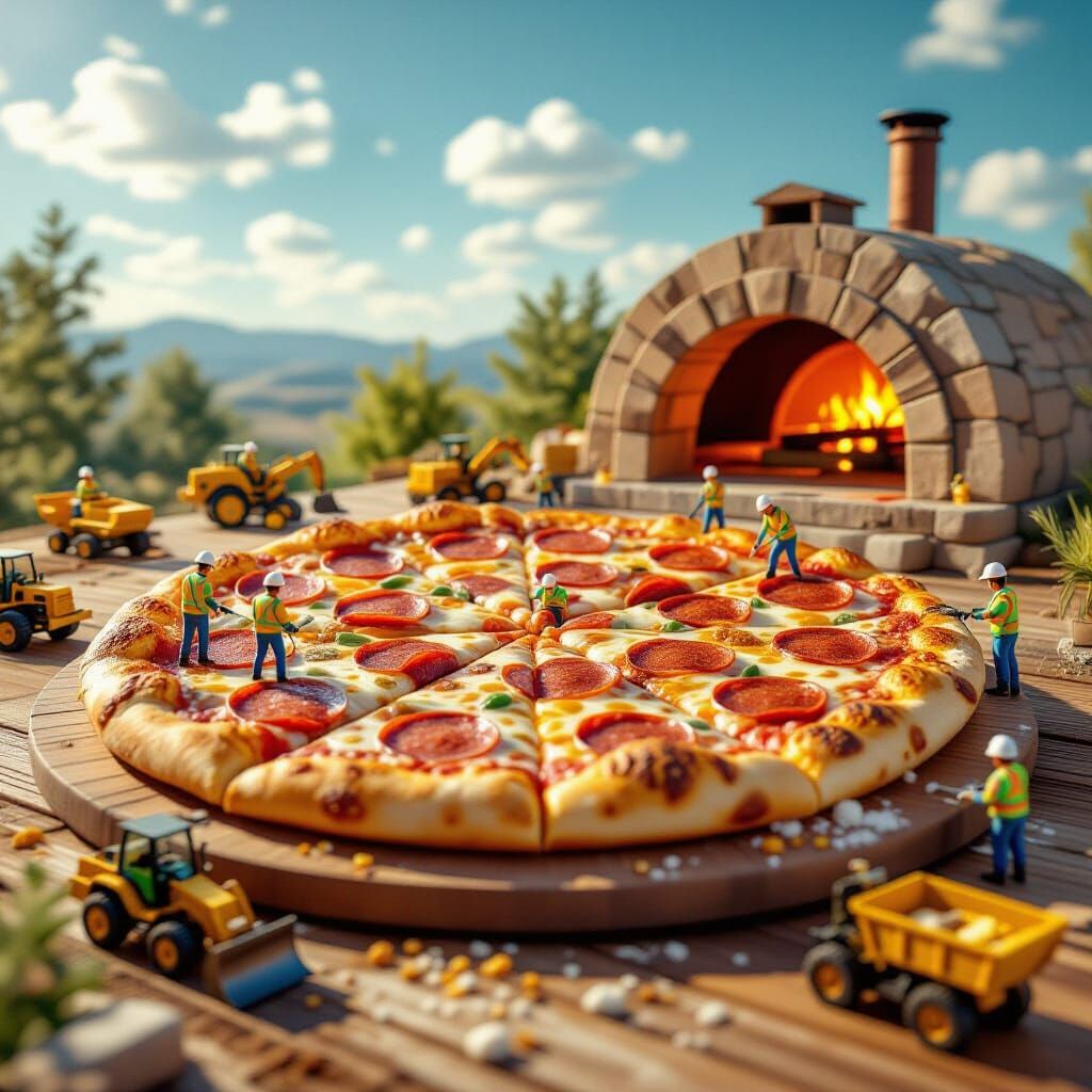 Giant Pizza Construction Site Photorealistic Scene