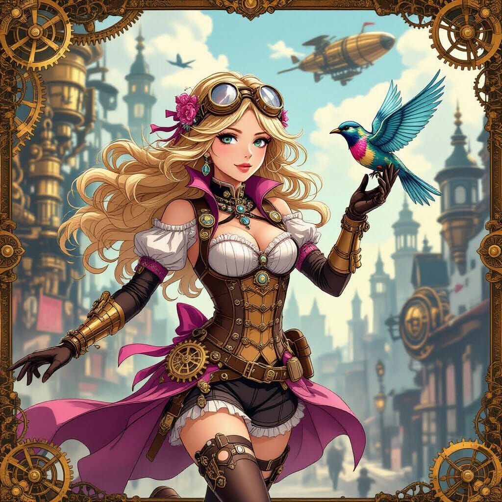 Steampunk Anime Woman with Mechanical Bird in Victorian City