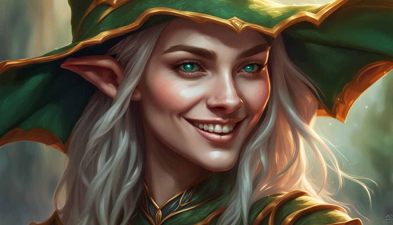 Smiling Female Elf Portrait in Digital Painting Style