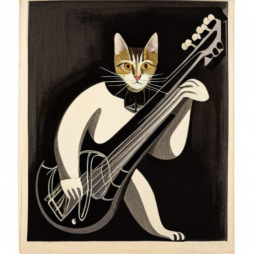 Cat Playing Bass Guitar in Dada Collage Style