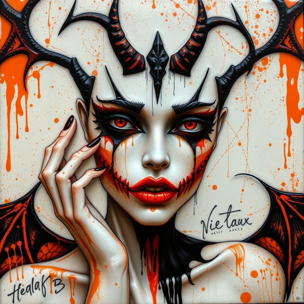 Encaustic Art: Diabolical Girl in Orange to Black