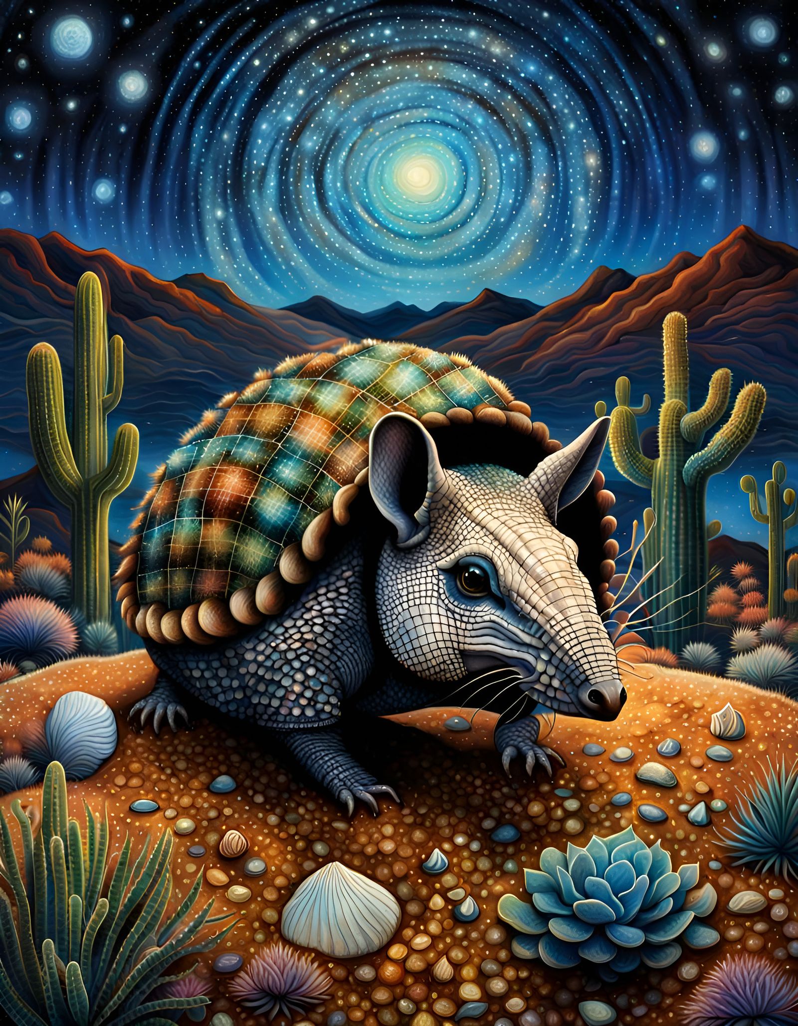 Starry Armadillo with Plaid Shell in Whimsical Dark Fantasy