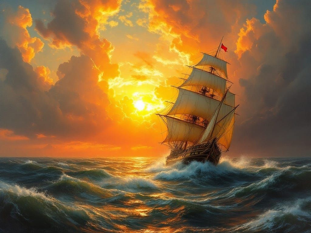 Majestic Ship Rides Golden Sunset Seascape in Romantic Atmos...
