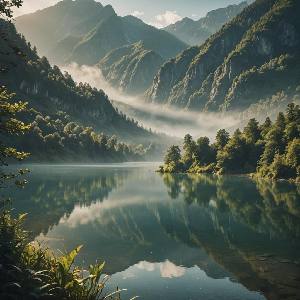 Serene Lake Reflecting Mountains in Golden Light