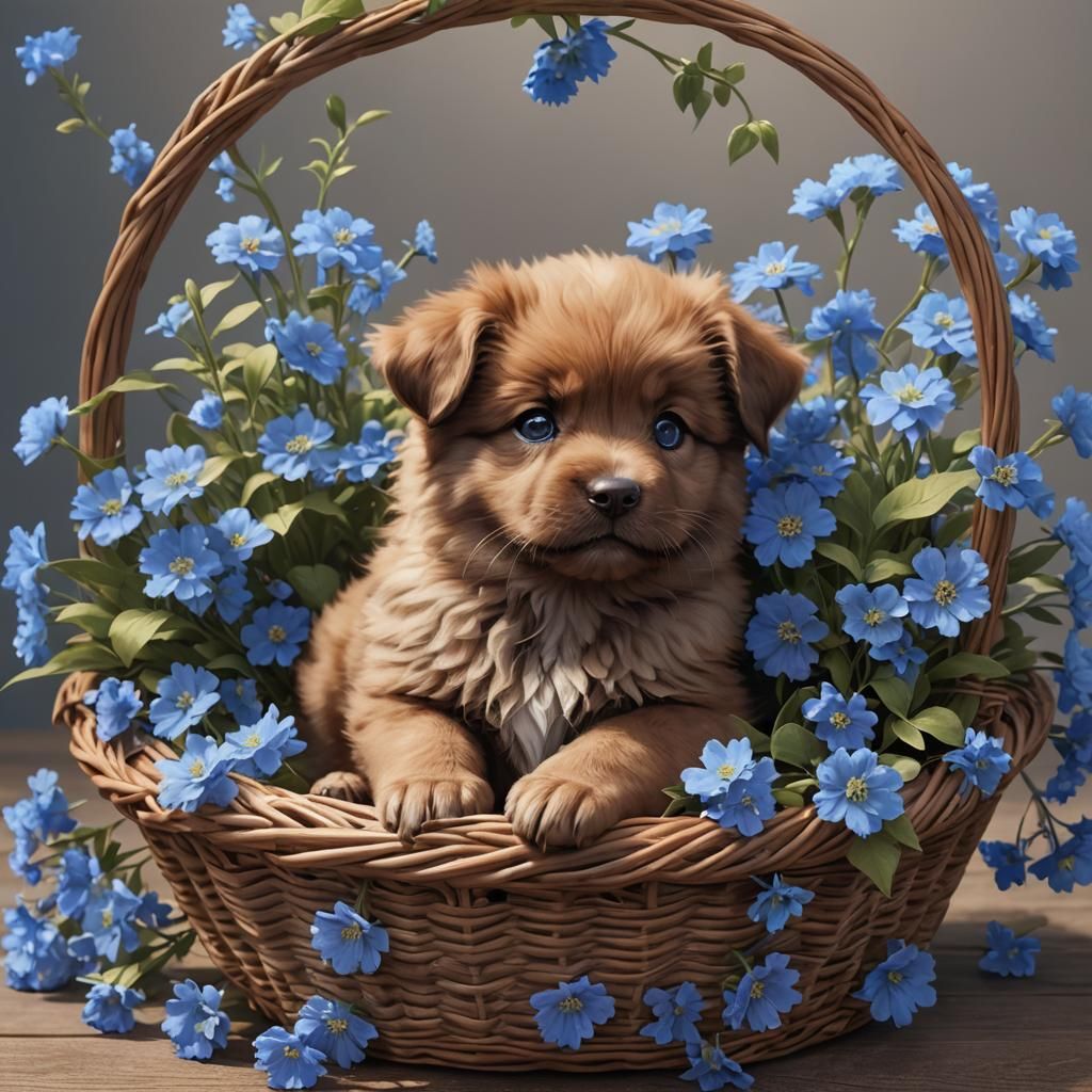 Fluffy Puppy with Blue Flowers: 3D Anime Art