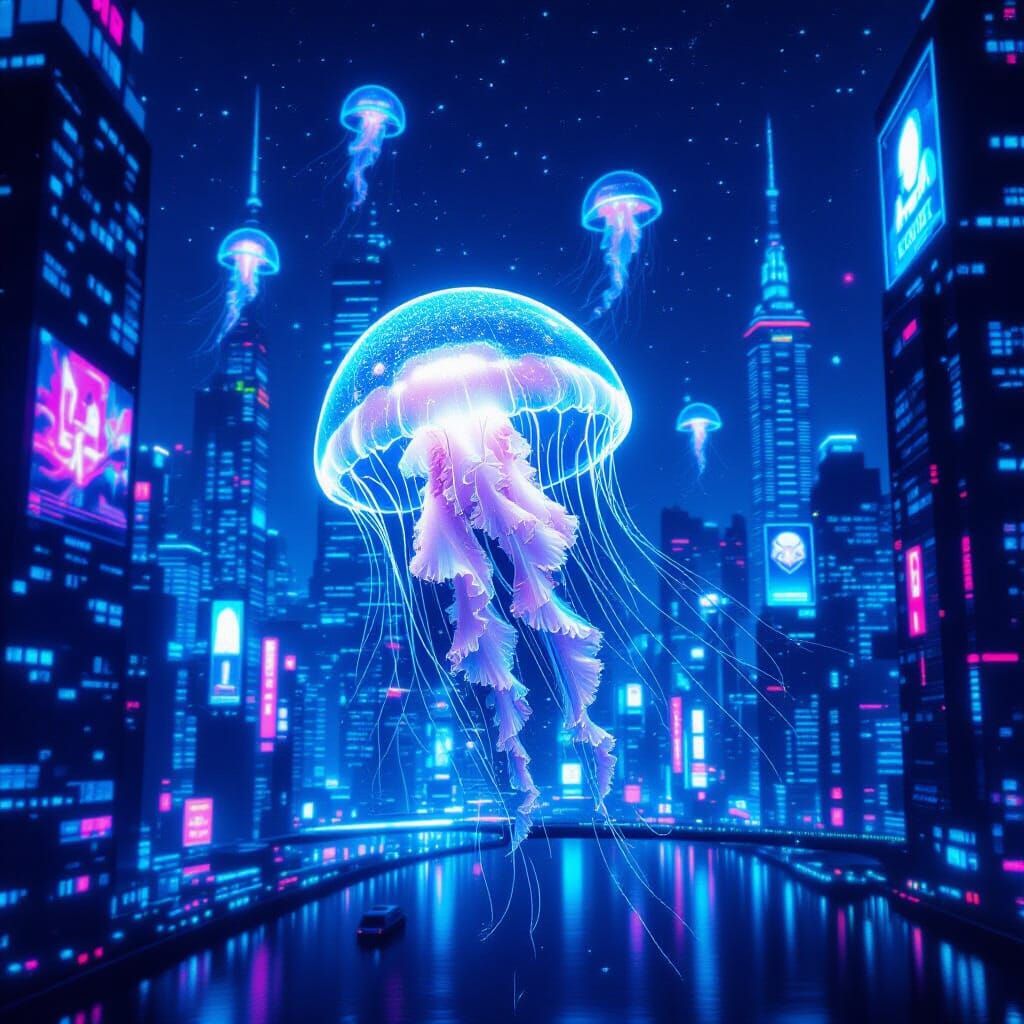 Bioluminescent Jellyfish in Futuristic Cityscape