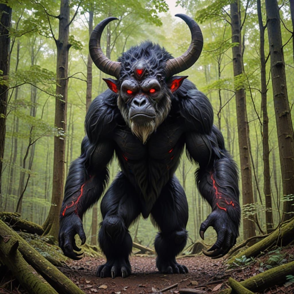 Giant White Ape Creature with Red Eyes in Forest