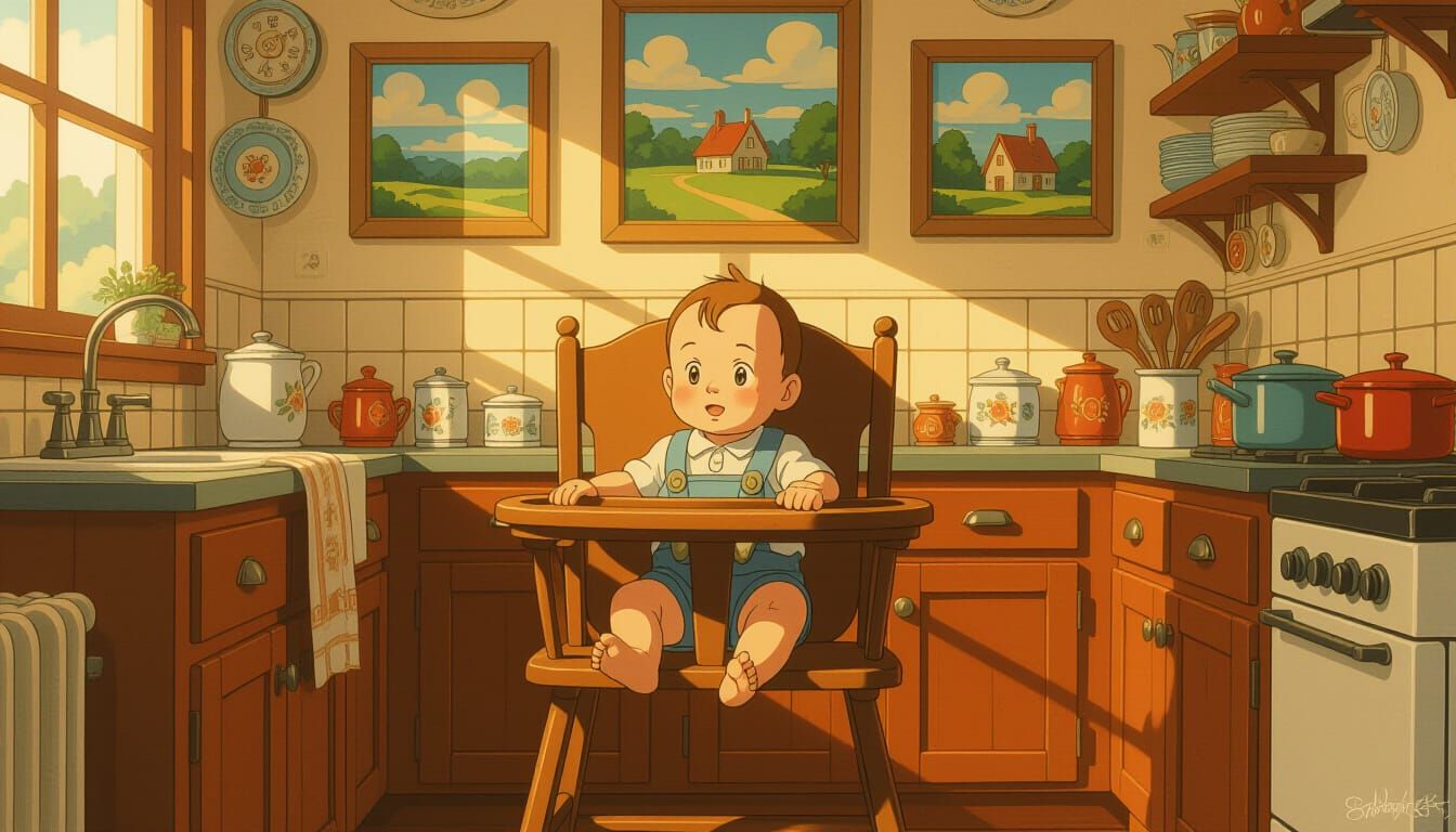 Baby in Kitchen, Studio Ghibli-Style Matte Painting