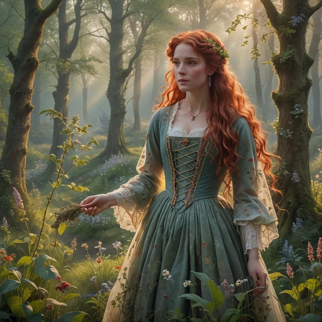 Redhead in Spring Forest Sunrise, Photorealistic