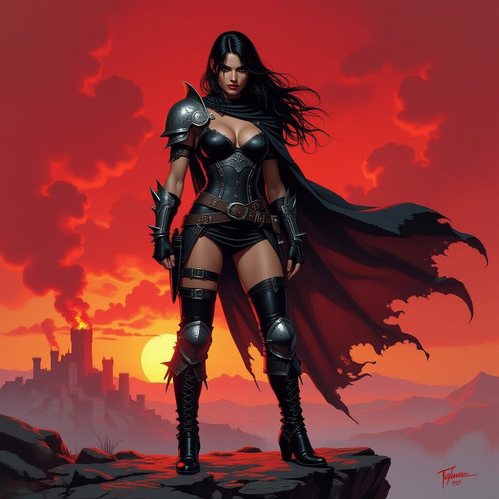 Dark Fantasy Warrior on Cliff Edge in Pulp Style