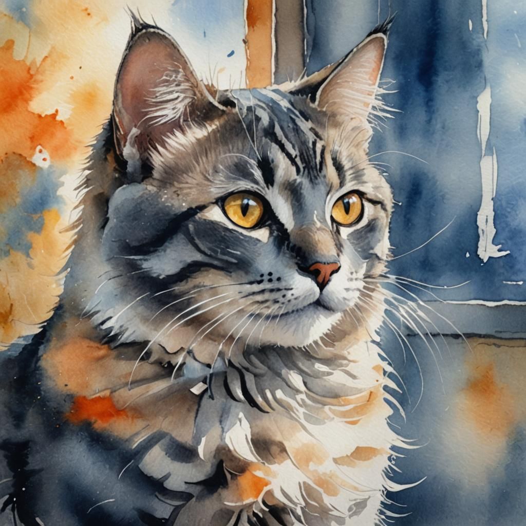 Grey Cat Portrait in Impressionist Watercolor