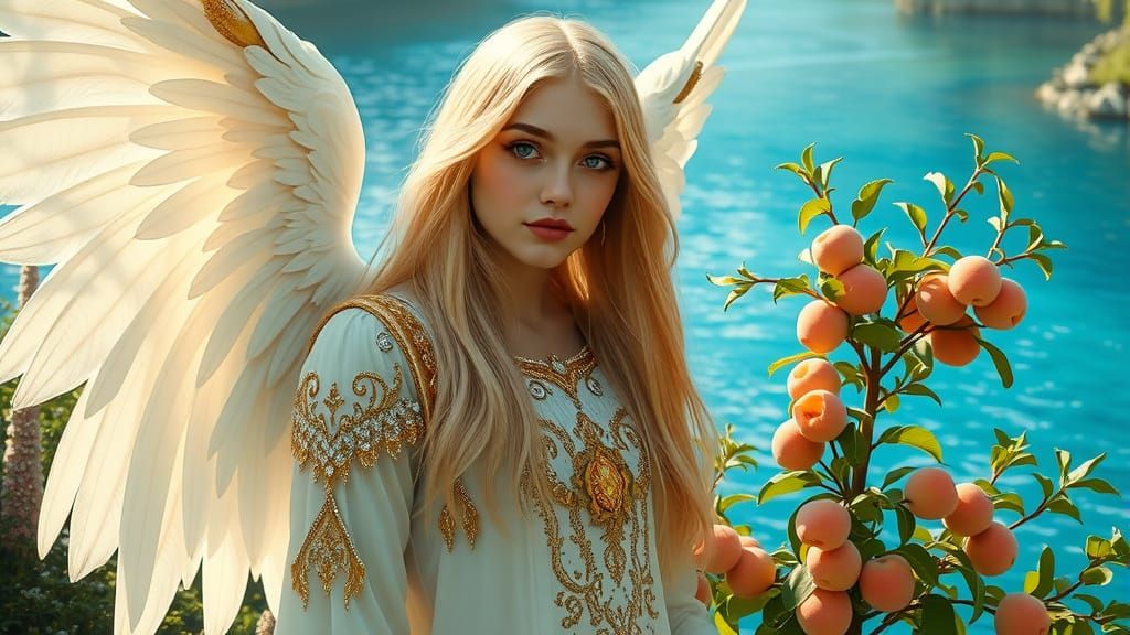 Ethereal Angel with Crystal River in Pre-Raphaelite Style