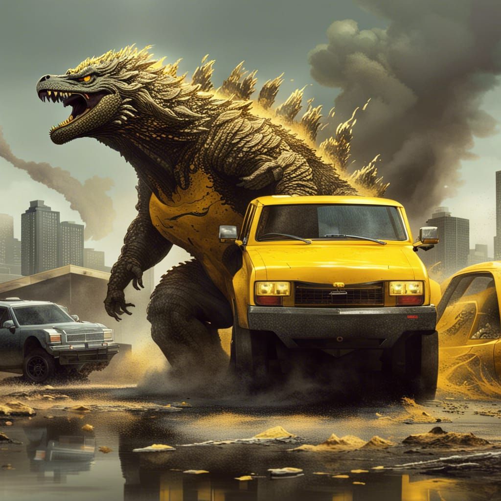 Godzilla Buys a Car: Hyperrealistic Splash Art