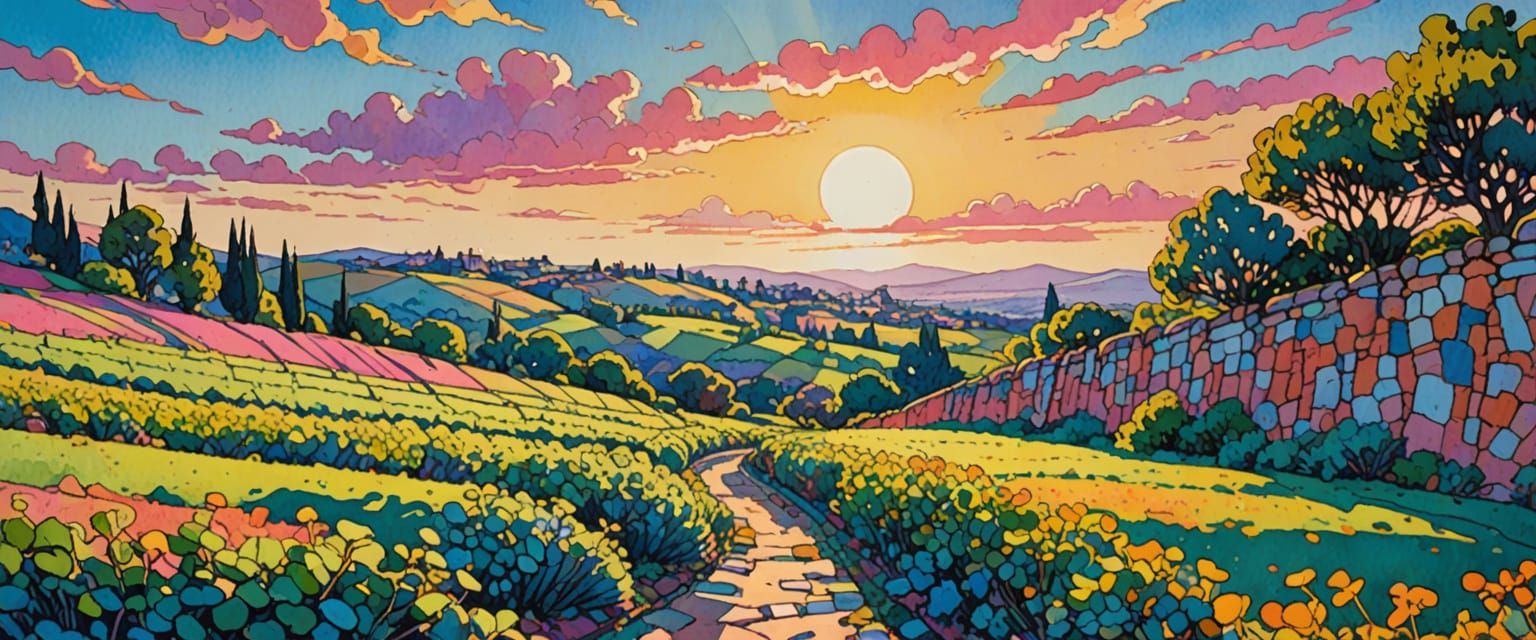 Vines Climb Arches in a Bright, Watercolor Field