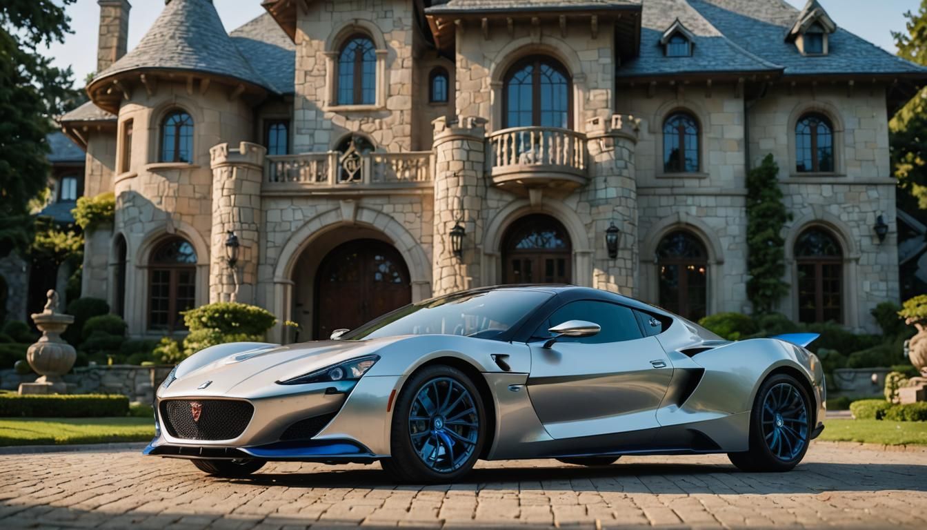 Elven Sports Car Parked Before Grand Mansion