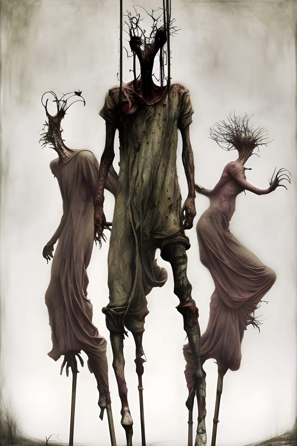 Surreal Horror on Stilts in Mixed Media Art