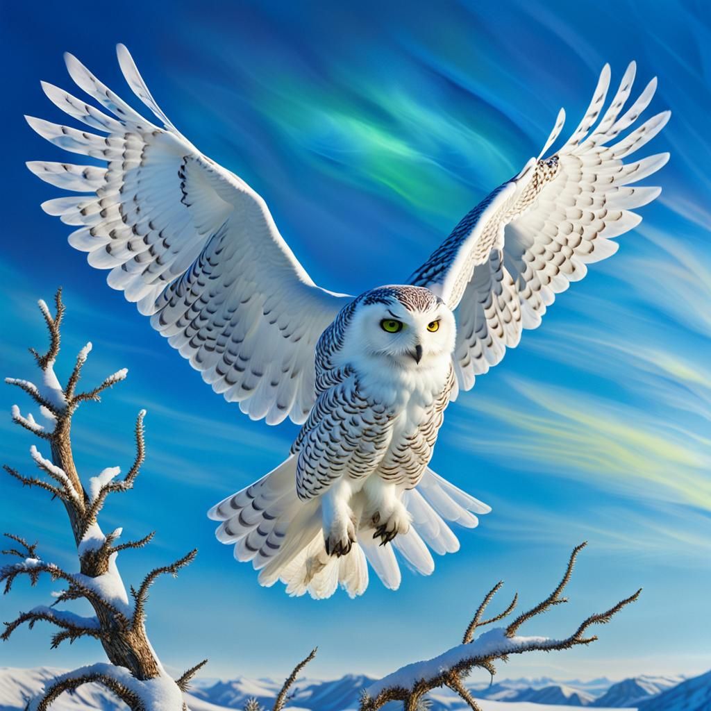 Snowy Owl Soaring Against a Blue Sky