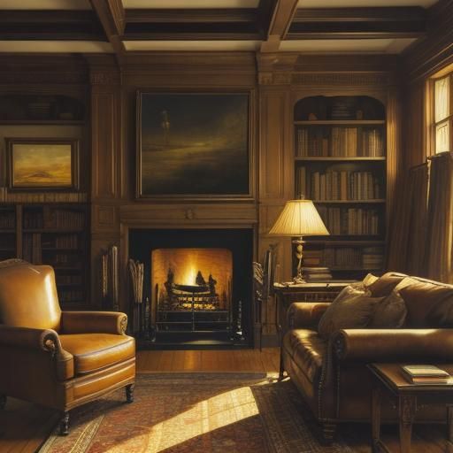 Cozy Library in Fantastical Realism Oil Painting