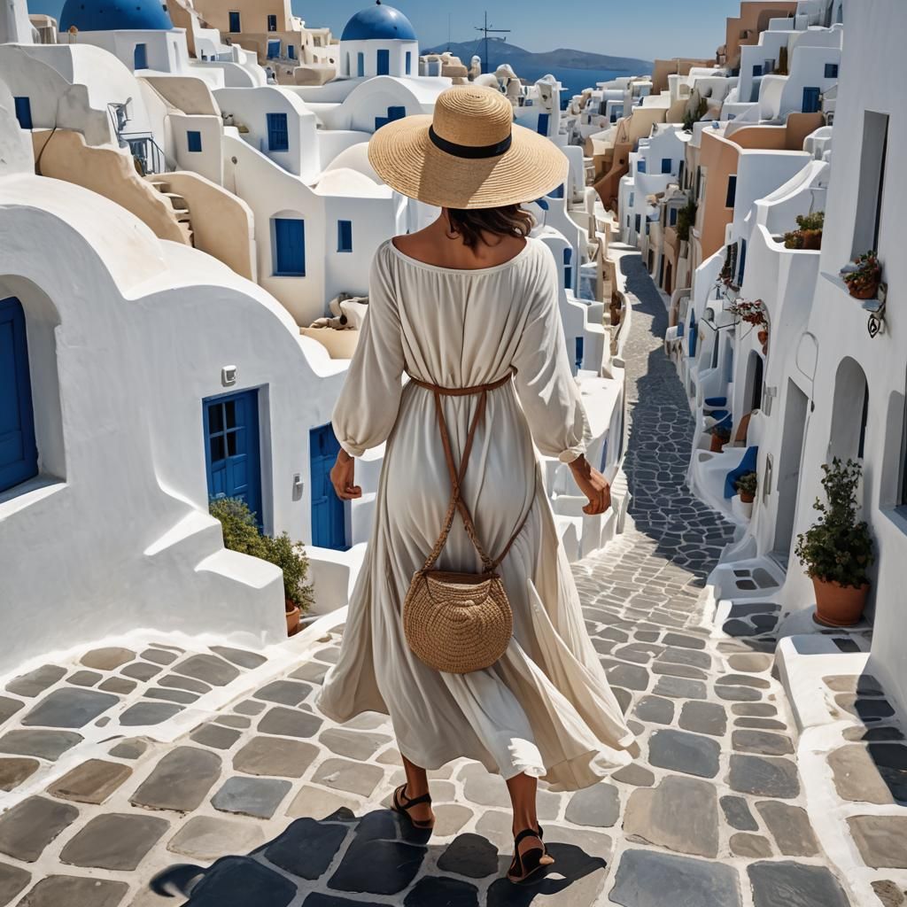 Elegant Retro Woman Strolls Santorini in Photorealistic Styl...