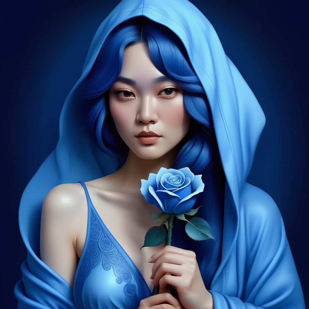 Asian Woman in Blue Robe Holds Glowing Blue Rose