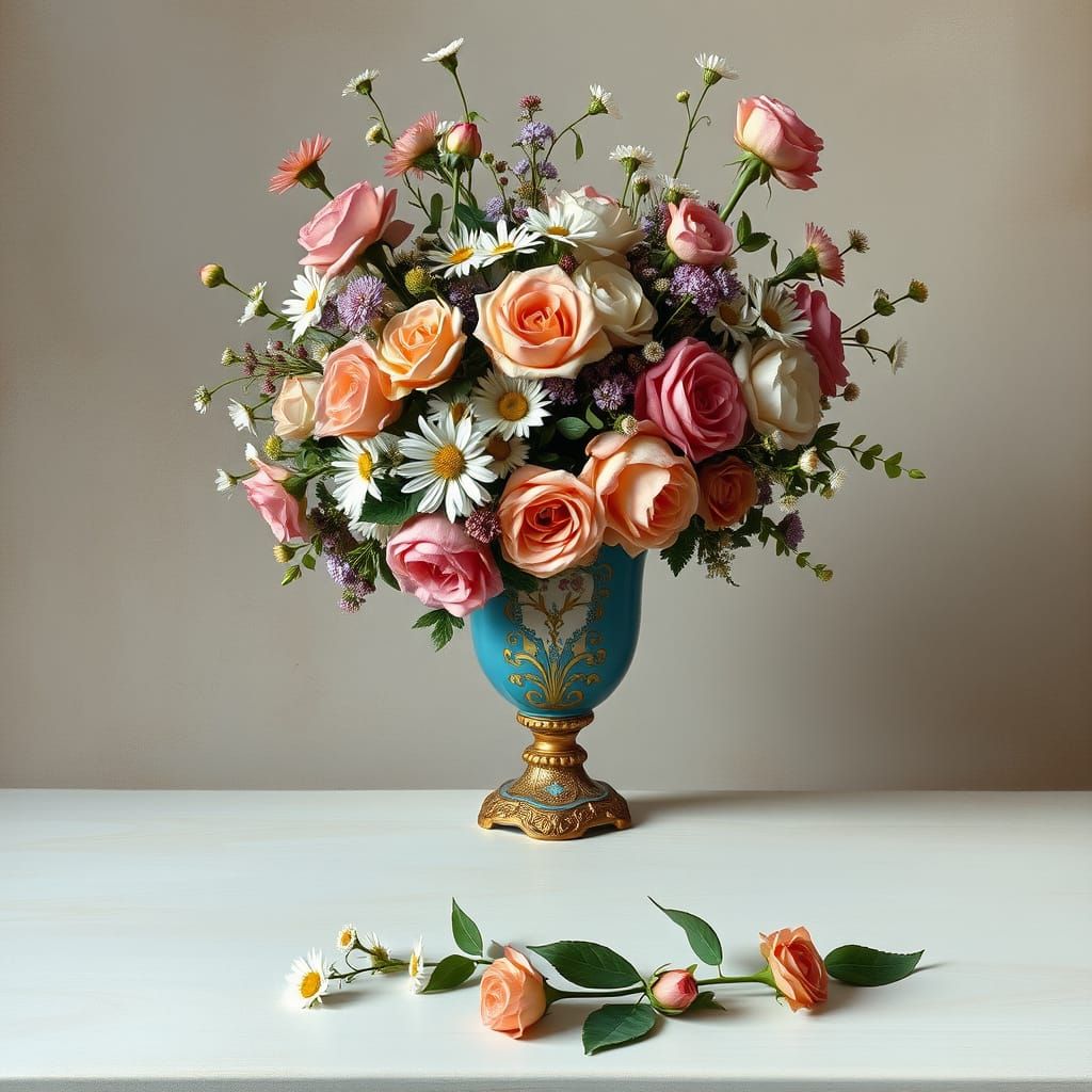 painterly image in oil on canvas of a blue enamel French rococo style vase, squat with a gilded base. The Vase sits on a...