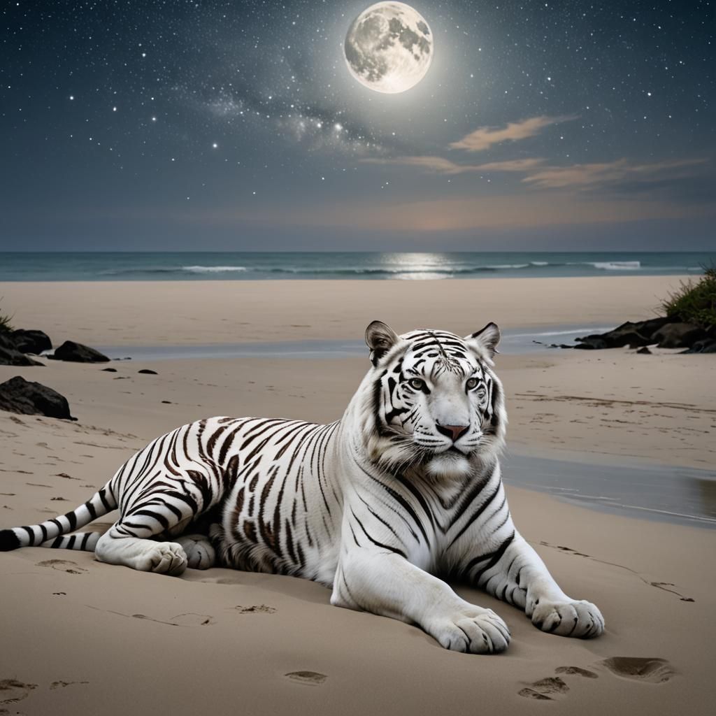 White Tiger Under Starry Sky: Fantasy Concept Art