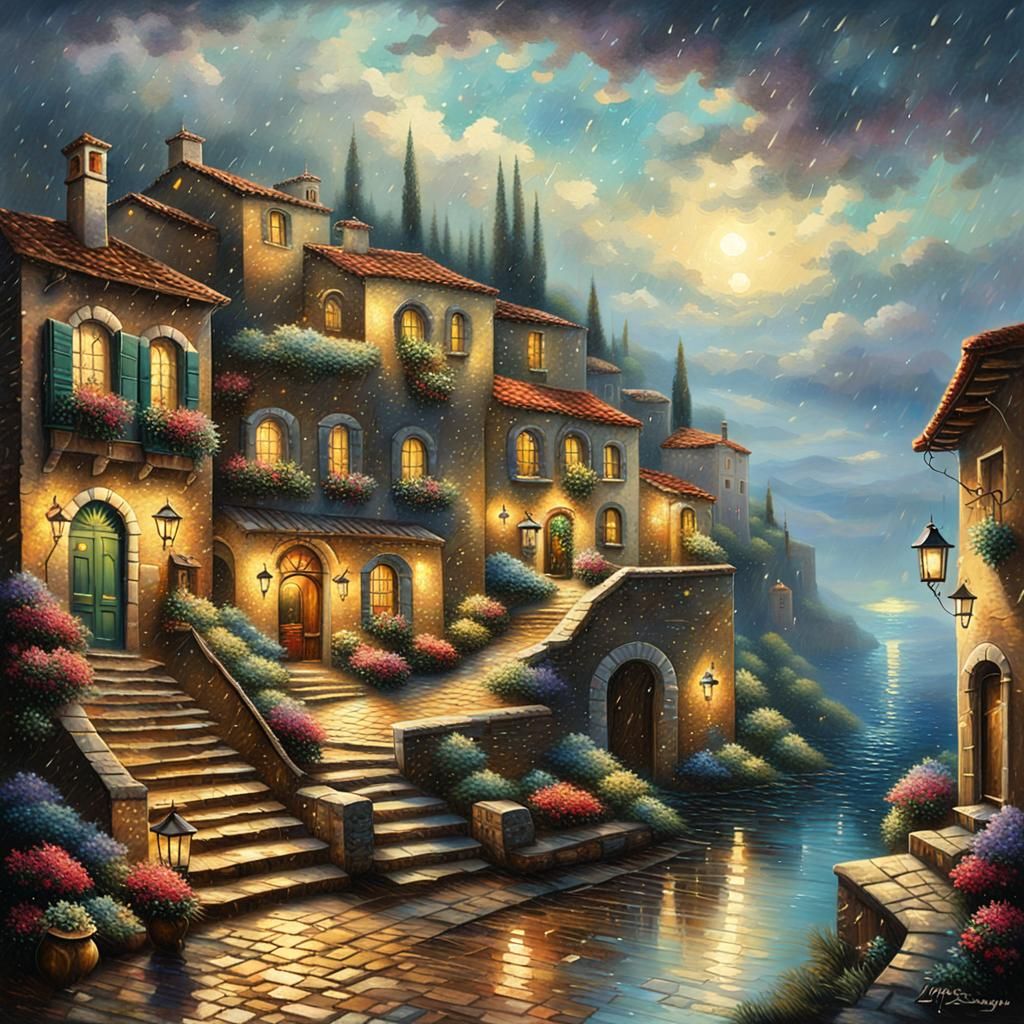 Mediterranean Town in Rain, Thomas Kinkade Style