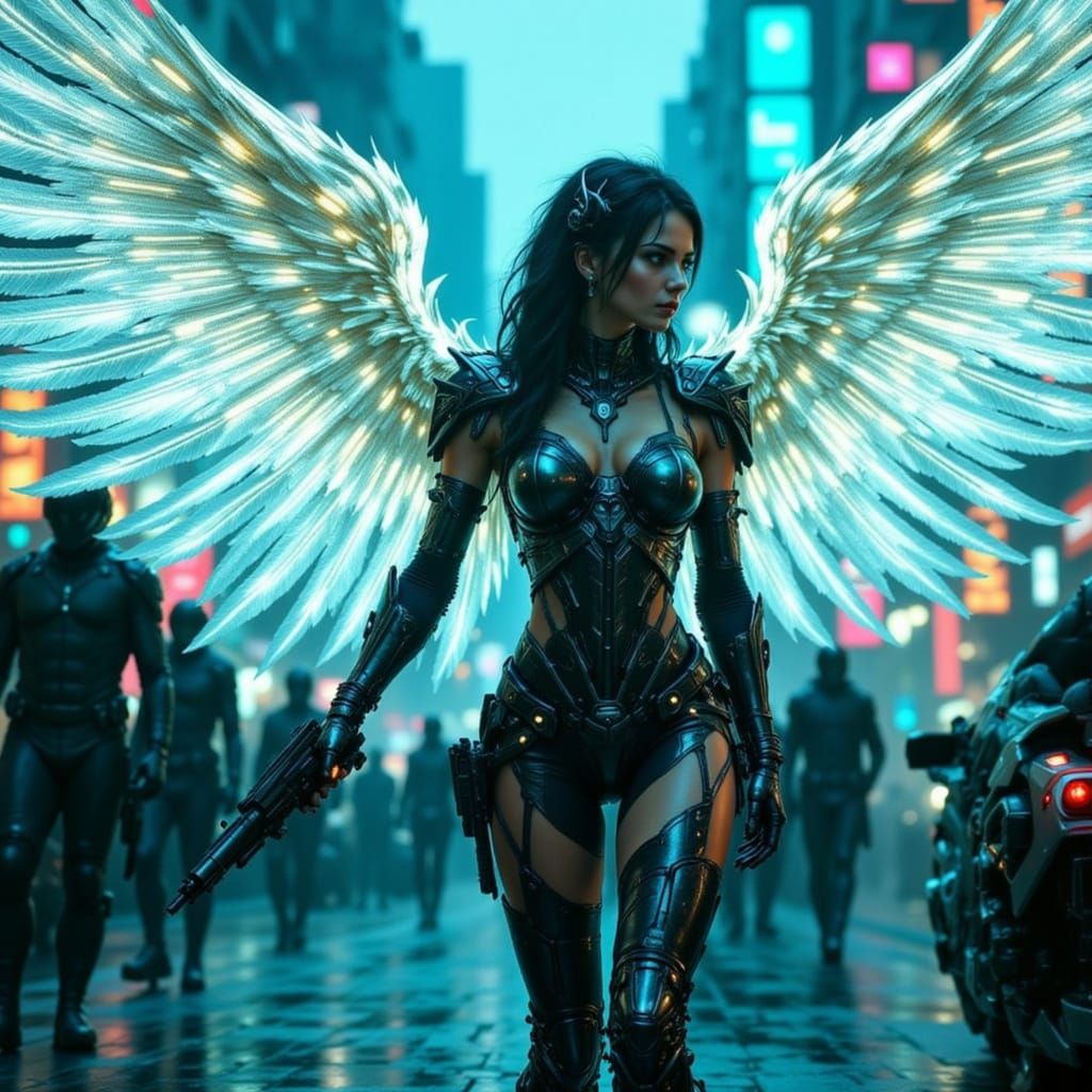 Cyberpunk Angel Overlooking a Crowded World