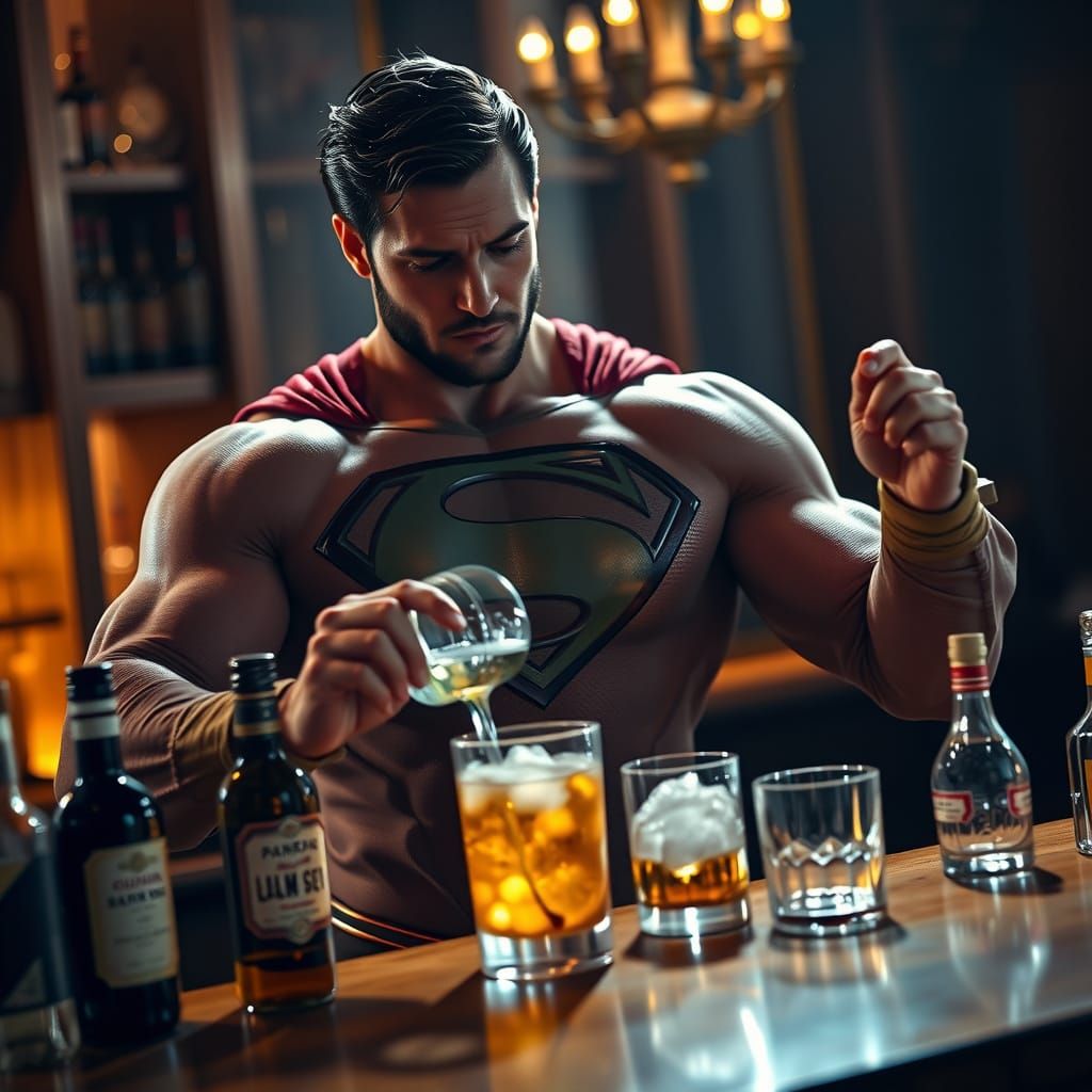 Superman Bartender Crafting Drink in Hyperrealistic Style