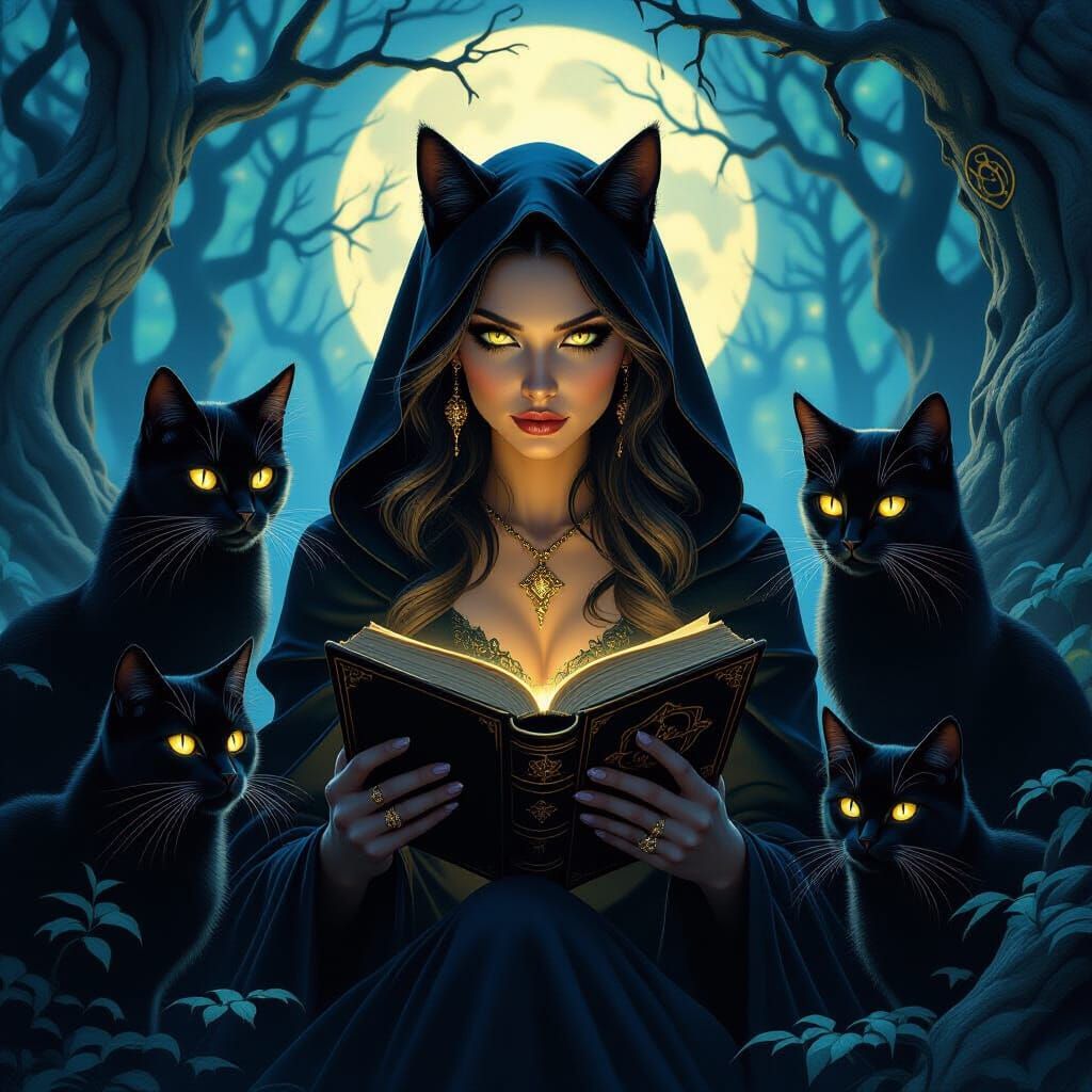 Enchanting Witch and Regal Cats in Moonlit Forest